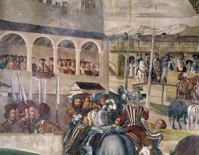 マルパガ城でデンマークのクリスチャン1世を称えるトーナメント、左側から詳細、1520-30 作： Girolamo Romanino