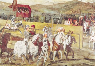 1474年、マルパガ城でデンマークのクリスチャン1世を称えるトーナメント。詳細は右側から 作： Girolamo Romanino