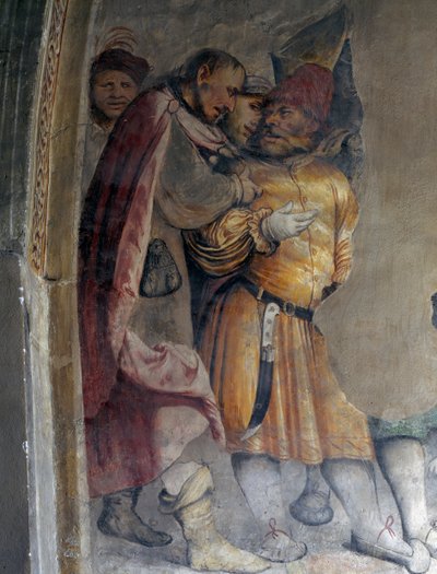 語り合う二人の男、ジロラモ・ロマーノ（約1484年～1562年以降）によるフレスコ画の細部、ブレノの聖アンソニー修道会教会の長老室の左壁。イタリア 作： Girolamo Romanino
