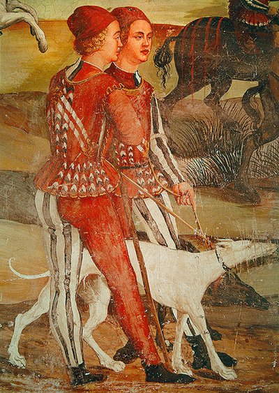 2ページと彼らの犬、狩猟シーンの詳細、c.1520-30 作： Girolamo Romanino