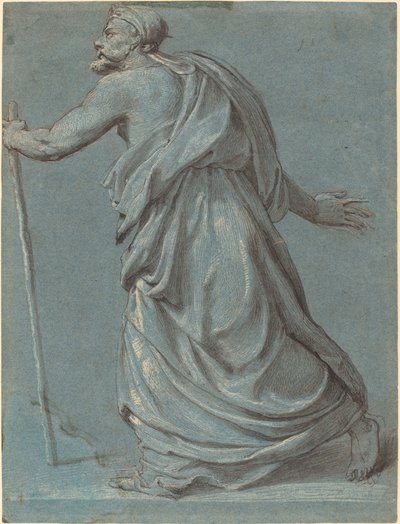 杖を持って左に向かって歩く男性の習作 作： Girolamo Siciolante