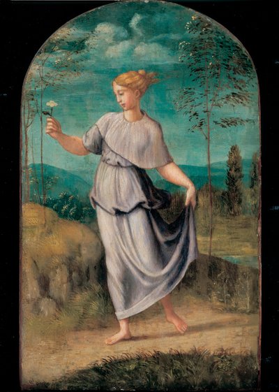 向こうに広大な風景を持つ花を持つ若い女性 作： Girolamo da Carpi