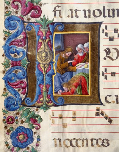 イエスの足元にいるマグダラのマリアを描いたデコレのレターヘッド ジロラモ・ダ・クレモナ（1451～1483年頃活躍）とリベラル・ダ・ヴェローナ（1445～1529年）によるミニチュアで、シエナのカテドラーレの聖歌隊（Cod.22/7.c.15v）からのもの。15世紀 シエナのカテドラーレ（ドゥオモ 作： Girolamo da Cremona