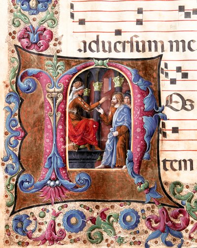 ポンテオ・ピラトの前でイエス・キリストを表現した装飾文字 ジロラモ・ダ・クレモナ（1451～1483年頃活躍）とリベラル・ダ・ヴェローナ（1445～1529年）による、シエナ大聖堂の聖歌隊のミニチュア（Cod.22/7.c.22.）。15世紀のカテドラル（Duom 作： Girolamo da Cremona