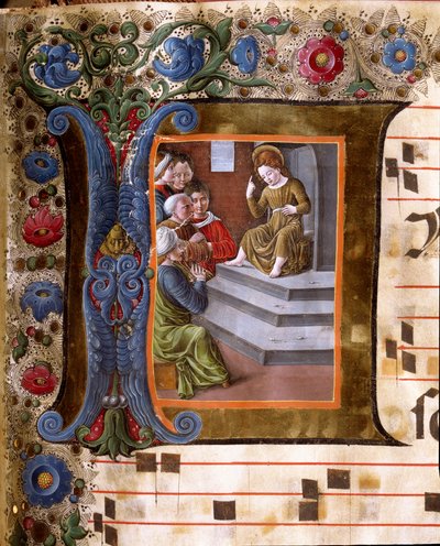 ジロラモ・ダ・クレモナ（1451-1483年頃活躍）とリベラル・ダ・ヴェローナ（1445-1529年）のミニチュア・ドクターとキリストの子を描いたデコール・レットラインは、シエナのカテドラーレの聖歌隊席（Cod.19/4.15世紀 シエナのカテドラーレ（ドゥオモ）、イタリア 作： Girolamo da Cremona