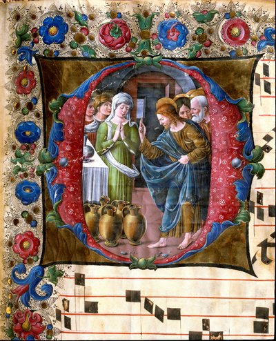 カナの婚礼を表現した装飾レトライネ ジロラモ・ダ・クレモナ（1451～1483年頃活躍）とリベラル・ダ・ヴェローナ（1445～1529年）による、シエナ大聖堂の聖歌隊のミニチュア（Cod.19/4.c.19v.15世紀 イタリア・シエナのカテドラーレ（ドゥオモ 作： Girolamo da Cremona
