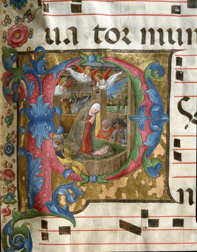 ジロラモ・ダ・クレモナ（1451-1483年頃活躍）の「ミニチュア・ナチュビテ」を表現したレトリン・P・デコリーは、シエナの大聖堂の聖歌隊席（Cod.18/3）から。15世紀 イタリア・シエナのカテドラル（ドゥオモ 作： Girolamo da Cremona