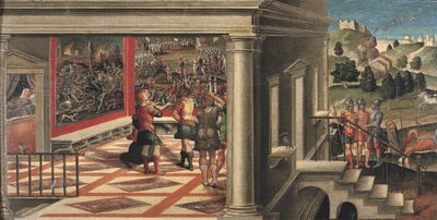 Orlando Furioso のシーン (パネルに置かれたキャンバスに油彩) 作： Girolamo da Santacroce