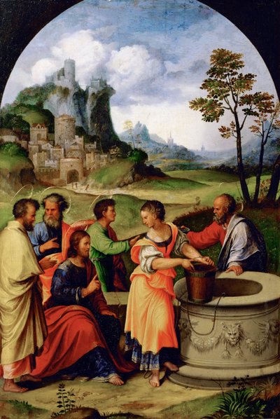 Jesus et la Samaritaine - Christ and the Samaritan Woman - Girolamo da Treviso (1508-1544).木に油彩、1525年頃。寸法：65,5x45,2 cm。美術史博物館、ヴィエンヌ 作： Girolamo da  Treviso II