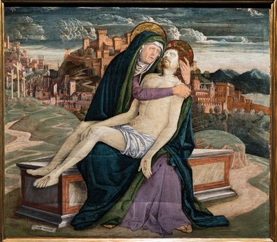 嘆き、Gerolamo da Treviso the Old、c.1495-7。 背景には、ソアーヴェやマロスティカのようなベネチアの村を表す要塞都市があります。 作： Girolamo da Treviso the Elder