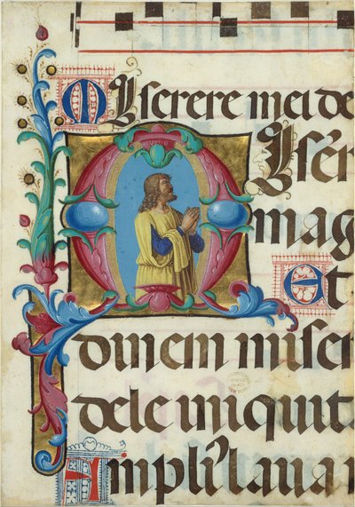 イニシャル M の祈りのダビデと写本照明、詩篇、イタリア語、1501-2 から。 作： Girolamo dai Libri