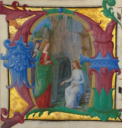 イニシャル A の墓での聖なる女性との写本の照明.., イタリア語, ca. 1490-1500。 作： Girolamo dai Libri