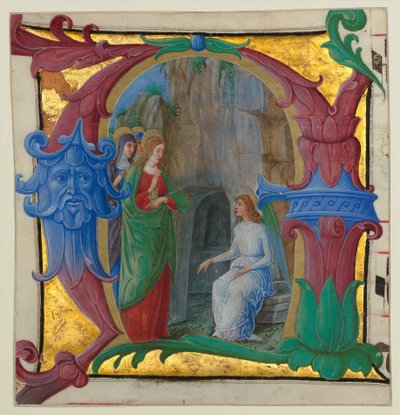 イニシャル A の墓での聖なる女性との写本の照明。 1490-1500。 作： Girolamo dai Libri