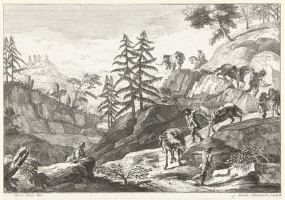 トレイルで馬を下り坂に導くライダーのいる山の風景 イタリアの風景（連載タイトル） 作： Giuliano Giampiccoli