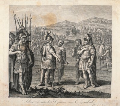 ポエニ戦争におけるハンニバルとスキピオの会談（銅版画 作： Giulio (after) Romano