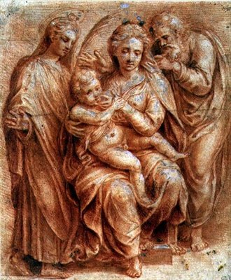 聖家族と聖母殉教者（赤チョークを白で盛ったもの） 作： Giulio (circle of) Romano