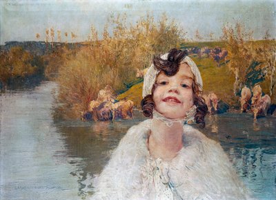 田舎を背景に女の赤ちゃんの肖像画 作： Giulio Aristide Sartorio