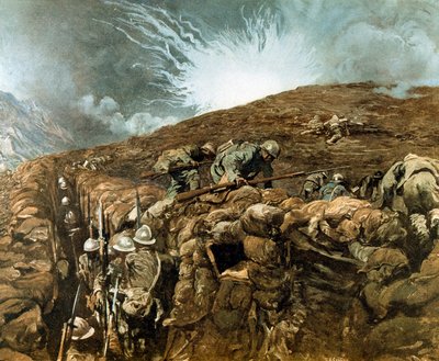 第一次世界大戦：ゴリツィア近郊の塹壕、イソンゾ川周辺のイタリア作戦、1917年9月（絵画 作： Giulio Aristide Sartorio