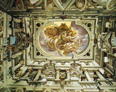 Cagnes (Alpes-Maritimes): 1620年に改築された中世の古城のホールの天井; ジェネーゼの画家Carloneによるトロンプルイユのフレスコ画(1625年)、フェートン(Phaethon)の落下シーン 作： Giulio Benso