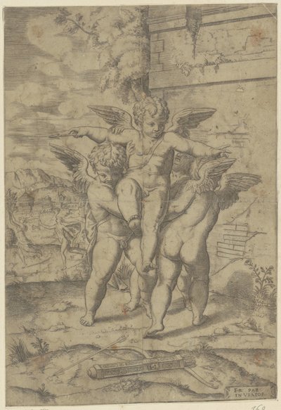 アモールと 3 つのプッティ 作： Giulio Bonasone (attributed to)