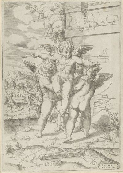 アモールと 3 つのプッティ 作： Giulio Bonasone (attributed to)