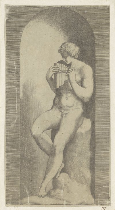 ニッチでパン フルートを持つ裸の男 作： Giulio Bonasone (possibly)