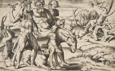 サテュロスに支えられてロバに乗っている酔っ払ったシレノス、1531-76年。 作： Giulio Bonasone