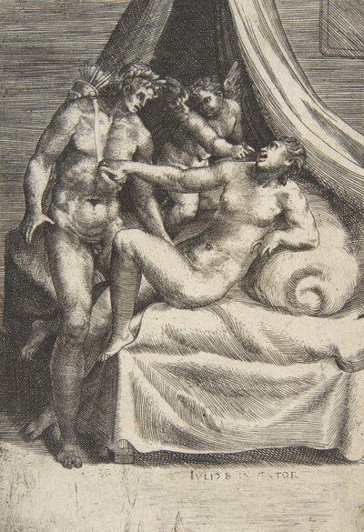 アポロとダフネ、「神々の愛」より。 1531-76。 作： Giulio Bonasone
