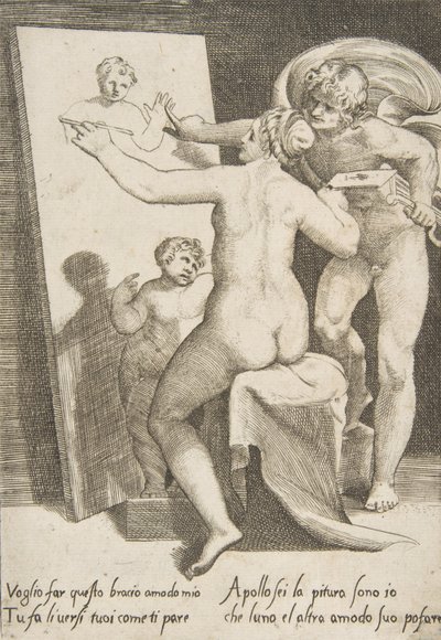 絵画のアレゴリーを表す女性のそばに立つアポロン、「The Loves ...」、1531-60 より。 作： Giulio Bonasone