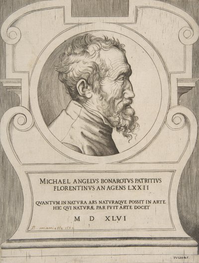 右向きのミケランジェロの胸像、カルトゥーシュにセット、1546 年。 作： Giulio Bonasone