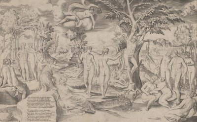 エリシアン フィールドのキューピッドが中央の木に結び付けられ、多くの人物に囲まれている, 1563., 1563. 作： Giulio Bonasone