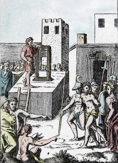 死刑: マンナイアと呼ばれ、1555 年に Achille Bocchi によって設計されたイタリアのギロチン (装飾機) の祖先による死刑判決の執行」ジュリオ Buonasone (Bonasone) による彫刻 (1498-1574) ( マナ 作： Giulio Bonasone