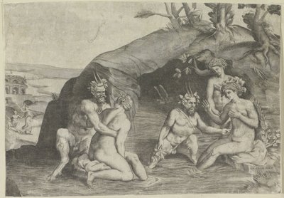 水浴びをする 3 人のニンフと 2 人のサテュロス 作： Giulio Bonasone