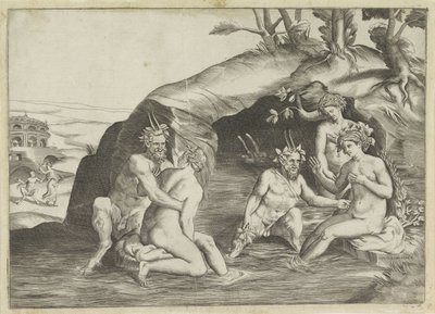 水浴びをする 3 人のニンフと 2 人のサテュロス 作： Giulio Bonasone