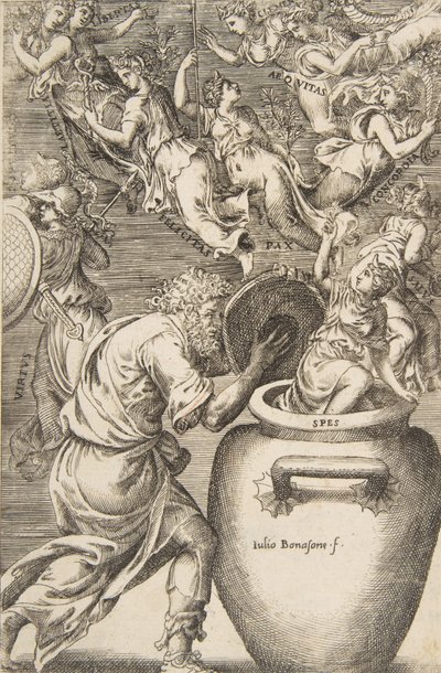 パンドラの箱を開けるエピメテウス、1531-76年。 作： Giulio Bonasone