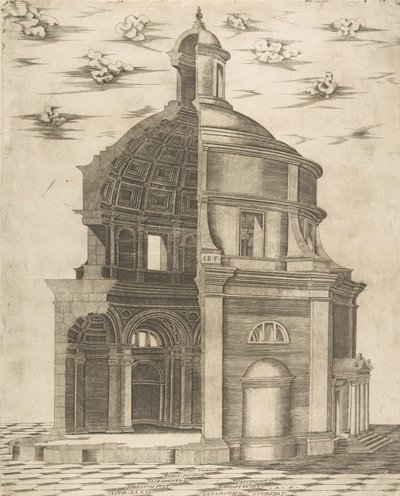 1541 年にネプチューンに捧げられたローマの寺院の外観と内部のセクション。 作： Giulio Bonasone