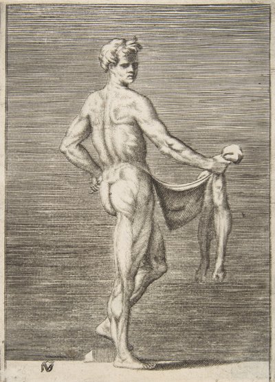 後ろから見た裸の男、1531-76年。 作： Giulio Bonasone