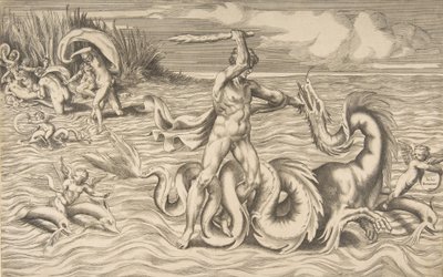 中央でドラゴンと戦うヘラクレス、左上のデイアネイラを運び去るアケロス、1531-76年。 作： Giulio Bonasone