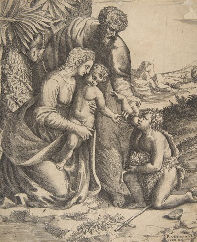 右にひざまずく洗礼者聖ヨハネと聖家族、1531-76年。 作： Giulio Bonasone