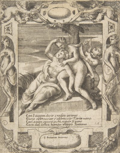 雲を抱きしめるイクシオン、ジュノだと思って右のキューピッド、エラボラ...、1531-76年。 作： Giulio Bonasone