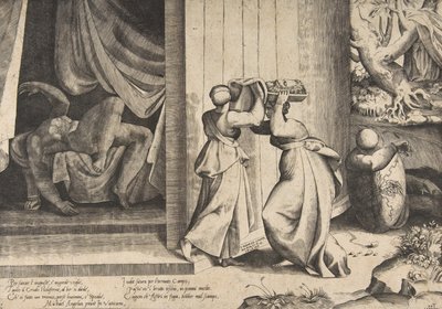 ジュディスがホロフェルネスの首を女中、斬首されたホロフェルネスに渡している.1531-7 作： Giulio Bonasone
