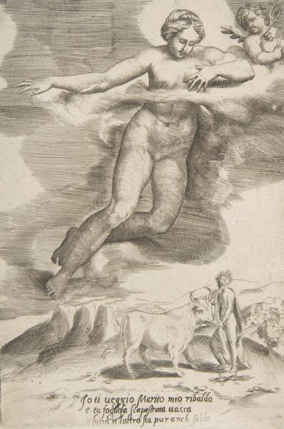 ジュピターとイオを見ているジュノ、The Loves of the Gods、1531-60 より。 作： Giulio Bonasone