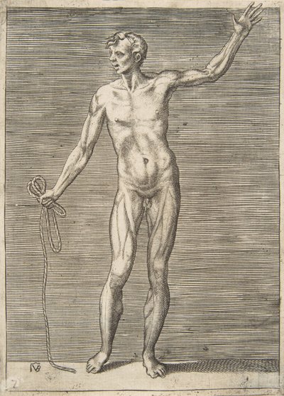 正面から見た、右手にロープを持った男性、16 世紀。 作： Giulio Bonasone