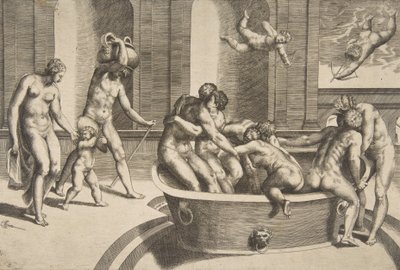 男性と女性の入浴、一部の抱擁、1531-76。 作： Giulio Bonasone