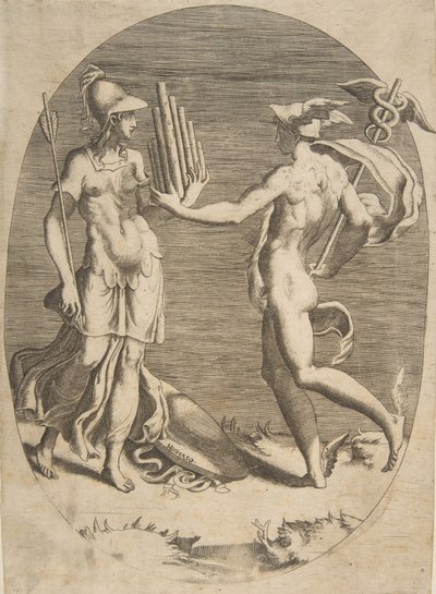 左に立つミネルバにパンパイプを差し出すマーキュリー、楕円形の構図、1531-76年。 作： Giulio Bonasone