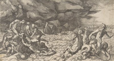 1531-76年、アイネイアスの艦隊に対して提起されたテンペストアイオロスを落ち着かせるネプチューン。 作： Giulio Bonasone