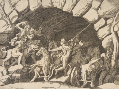 地獄に降りる戦車に乗った冥王星、「宇宙の分割」、1531-76年。 作： Giulio Bonasone