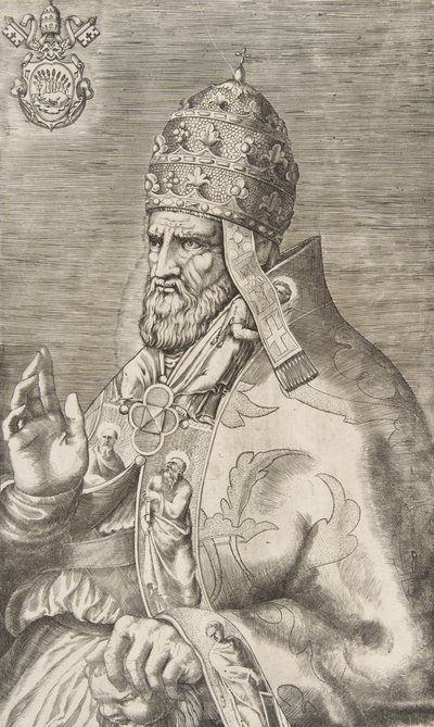 教皇マルセルス 2 世の肖像、右手を左に向けて上げた、約 1555年。 作： Giulio Bonasone
