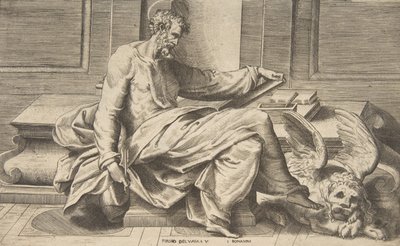 福音書を書いている聖マルコ、右側に翼のあるライオン、1531-76年。 作： Giulio Bonasone