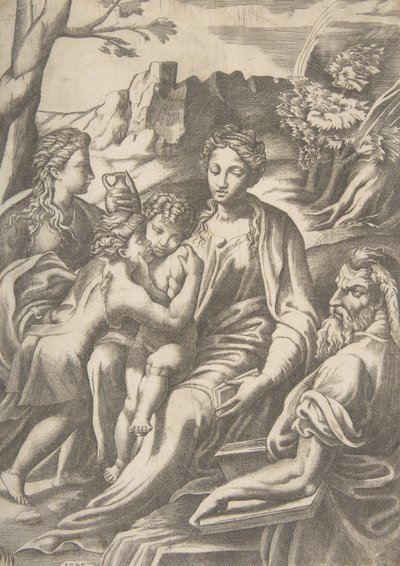 マグダラのマリアとキリストを抱擁する洗礼者ヨハネのいる聖家族、1543年。 作： Giulio Bonasone